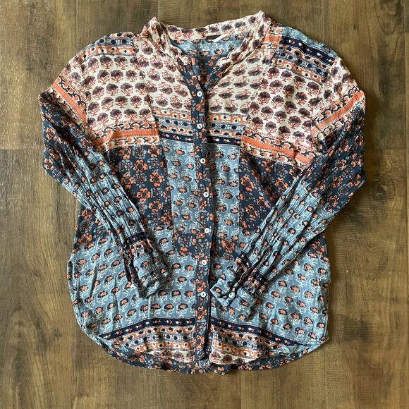 Free People Boho Mixed Print Button Front Blouse Top Multicolor Size M - Picture 3 of 8